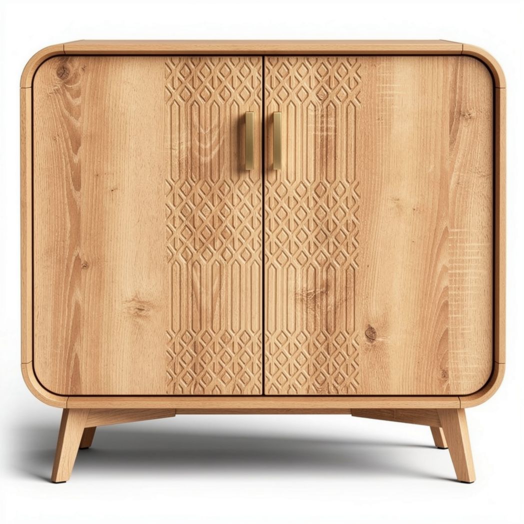 Buffet en bois naturel de 80 x 40 x 75cm avec motifs géométriques et poignées dorées