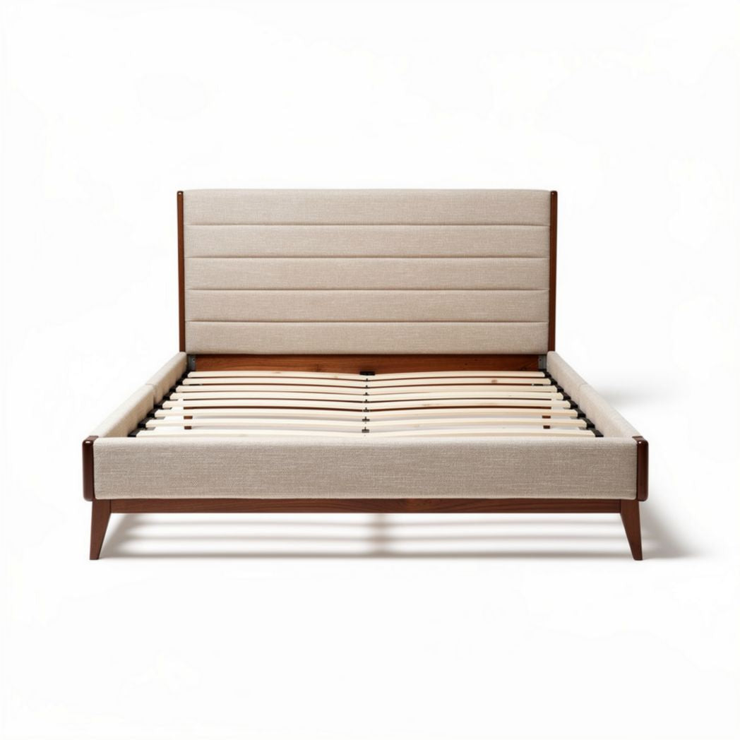 Lit en bois avec tête de lit en tissu beige 200 x 160 x 30 cm