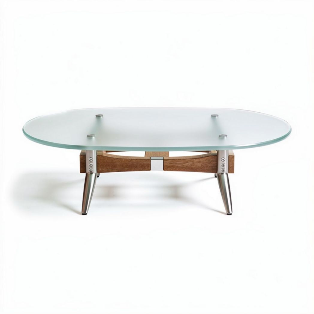Table basse ovale en verre trempé et bois avec structure en métal 125 x 80 x 40cm