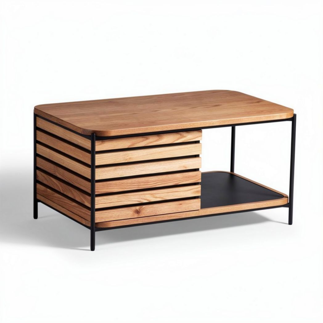 Table basse en bois avec étagère métallique 80 x 50 x 40cm design contemporain